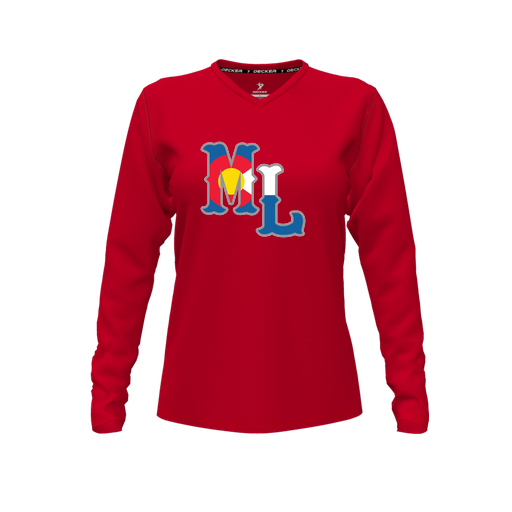 [CUS-DFW-TEES-CMF-VNK-LSL-RED-FYXS-LOGO3] Decker Comfort T-Shirt (Female Youth XS, Red, V Neck, Logo 3, Long Sleeve)