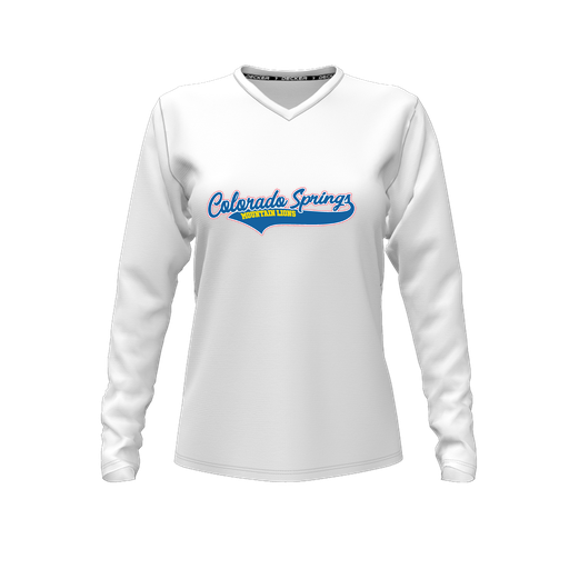 [CUS-DFW-TEES-PER-VNK-LSL-WHT-FYXS-LOGO1] Decker Performance T-Shirt (Female Youth XS, White, V Neck, Logo 1, Long Sleeve)