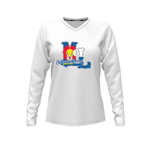 [CUS-DFW-TEES-PER-VNK-LSL-WHT-FYXS-LOGO2] Decker Performance T-Shirt (Female Youth XS, White, V Neck, Logo 2, Long Sleeve)