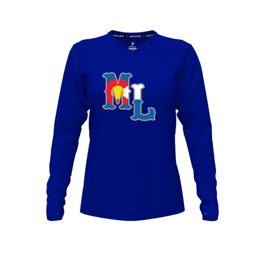 [CUS-DFW-TEES-PER-VNK-LSL-RYL-FYXS-LOGO3] Decker Performance T-Shirt (Female Youth XS, Royal, V Neck, Logo 3, Long Sleeve)