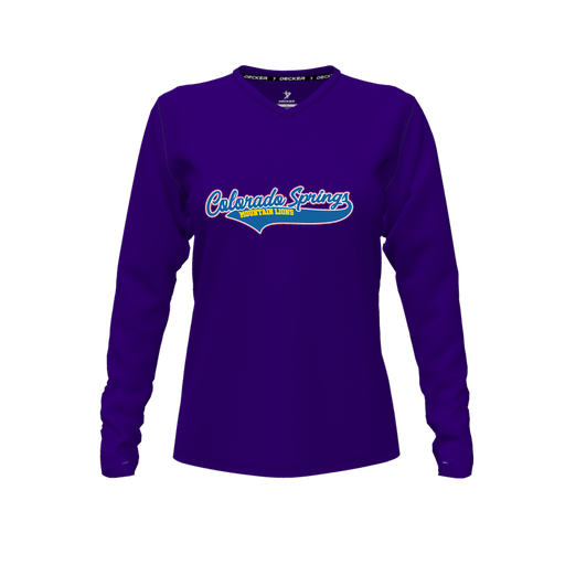 [CUS-DFW-TEES-PER-VNK-LSL-PUR-FYXS-LOGO1] Decker Performance T-Shirt (Female Youth XS, Purple, V Neck, Logo 1, Long Sleeve)