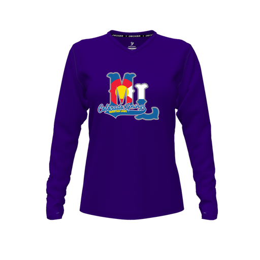 [CUS-DFW-TEES-PER-VNK-LSL-PUR-FYXS-LOGO2] Decker Performance T-Shirt (Female Youth XS, Purple, V Neck, Logo 2, Long Sleeve)