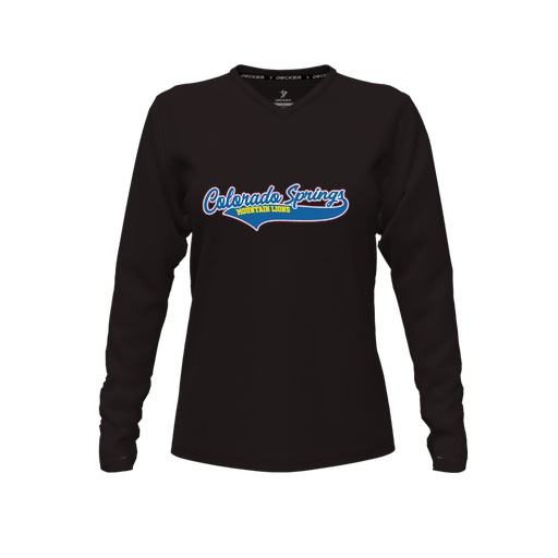 [CUS-DFW-TEES-CMF-VNK-LSL-BLK-FYXS-LOGO1] Decker Comfort T-Shirt (Female Youth XS, Black, V Neck, Logo 1, Long Sleeve)