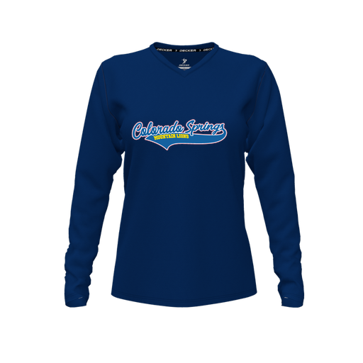 [CUS-DFW-TEES-CMF-VNK-LSL-NVY-FYXS-LOGO1] Decker Comfort T-Shirt (Female Youth XS, Navy, V Neck, Logo 1, Long Sleeve)