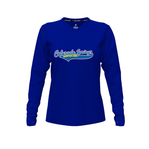 [CUS-DFW-TEES-CMF-VNK-LSL-RYL-FYXS-LOGO1] Decker Comfort T-Shirt (Female Youth XS, Royal, V Neck, Logo 1, Long Sleeve)
