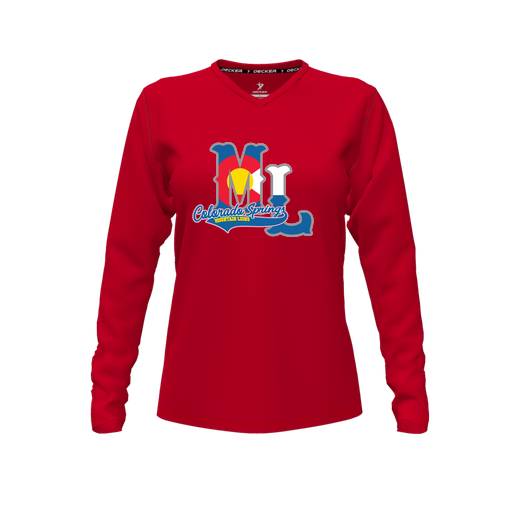 [CUS-DFW-TEES-CMF-VNK-LSL-RED-FYXS-LOGO2] Decker Comfort T-Shirt (Female Youth XS, Red, V Neck, Logo 2, Long Sleeve)