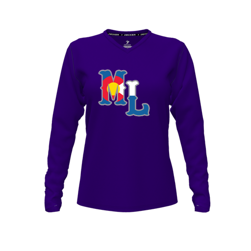 [CUS-DFW-TEES-CMF-VNK-LSL-PUR-FYXS-LOGO3] Decker Comfort T-Shirt (Female Youth XS, Purple, V Neck, Logo 3, Long Sleeve)