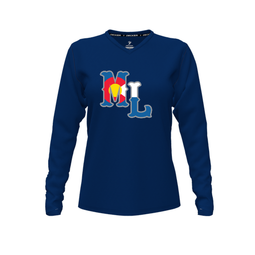 [CUS-DFW-TEES-PER-VNK-LSL-NVY-FYXS-LOGO3] Decker Performance T-Shirt (Female Youth XS, Navy, V Neck, Logo 3, Long Sleeve)