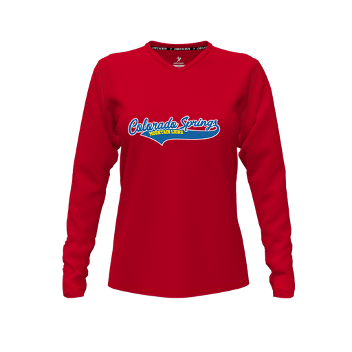 [CUS-DFW-TEES-PER-VNK-LSL-RED-FYXS-LOGO1] Decker Performance T-Shirt (Female Youth XS, Red, V Neck, Logo 1, Long Sleeve)