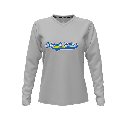 [CUS-DFW-TEES-PER-VNK-LSL-GRY-FYXS-LOGO1] Decker Performance T-Shirt (Female Youth XS, Gray, V Neck, Logo 1, Long Sleeve)